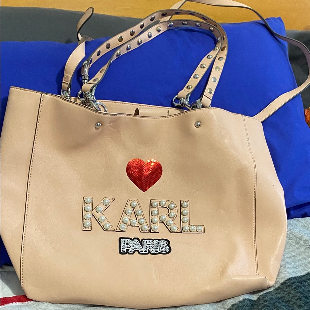 Karl Lagerfeld Tan Tote with Red Heart and Studded Handles